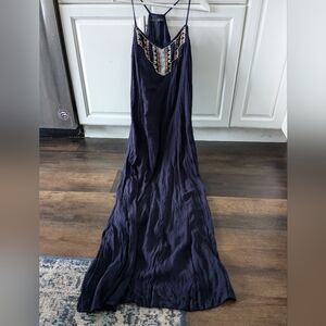 Gorgeous new Zara basic long Tribal maxi dress blue size xs beaded bohenian